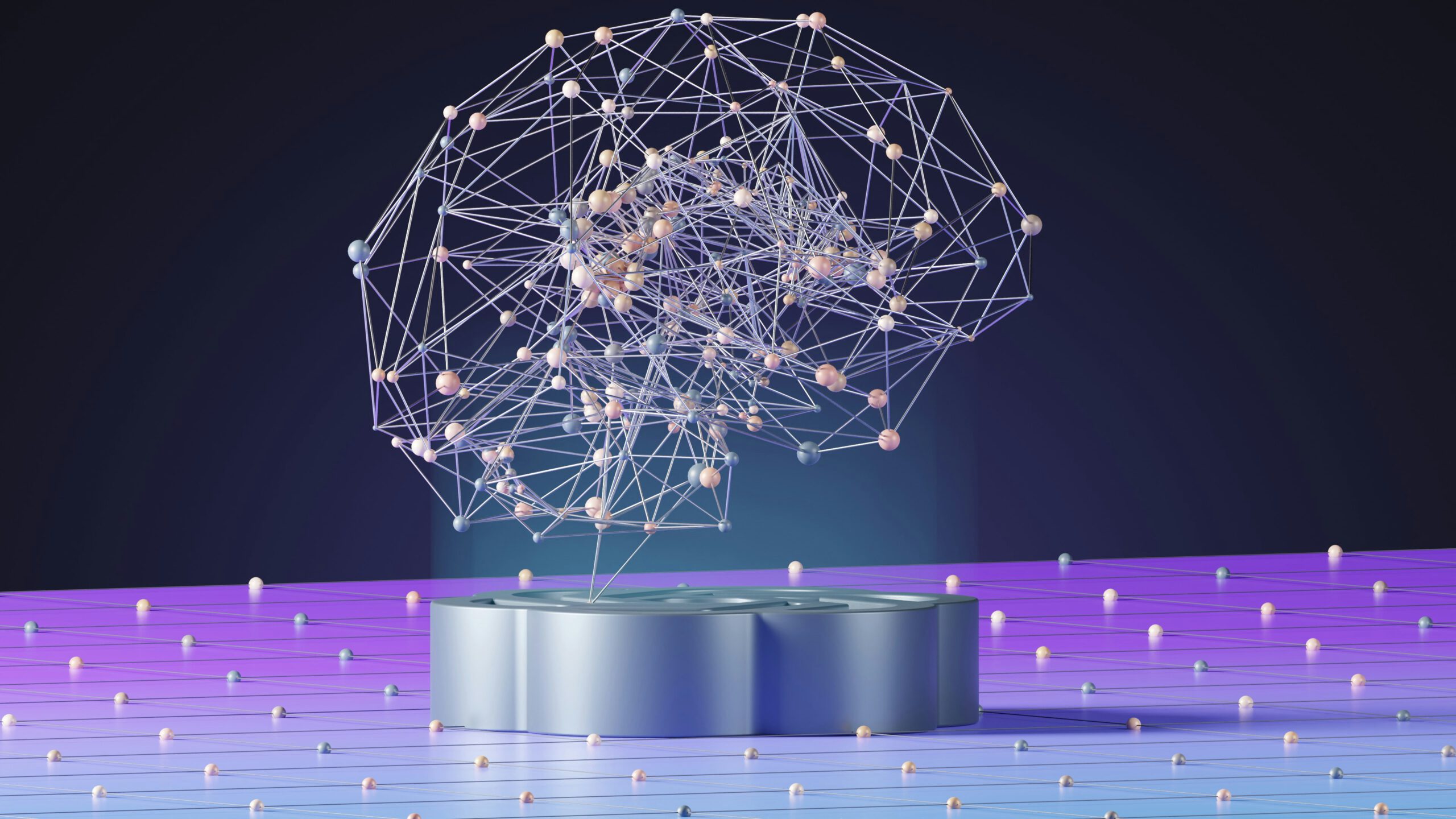Illustration eines Gehirns mit Stecknadeln und digitalen Linien – Symbol für KI-gestützte Digitalisierung im Messebau
