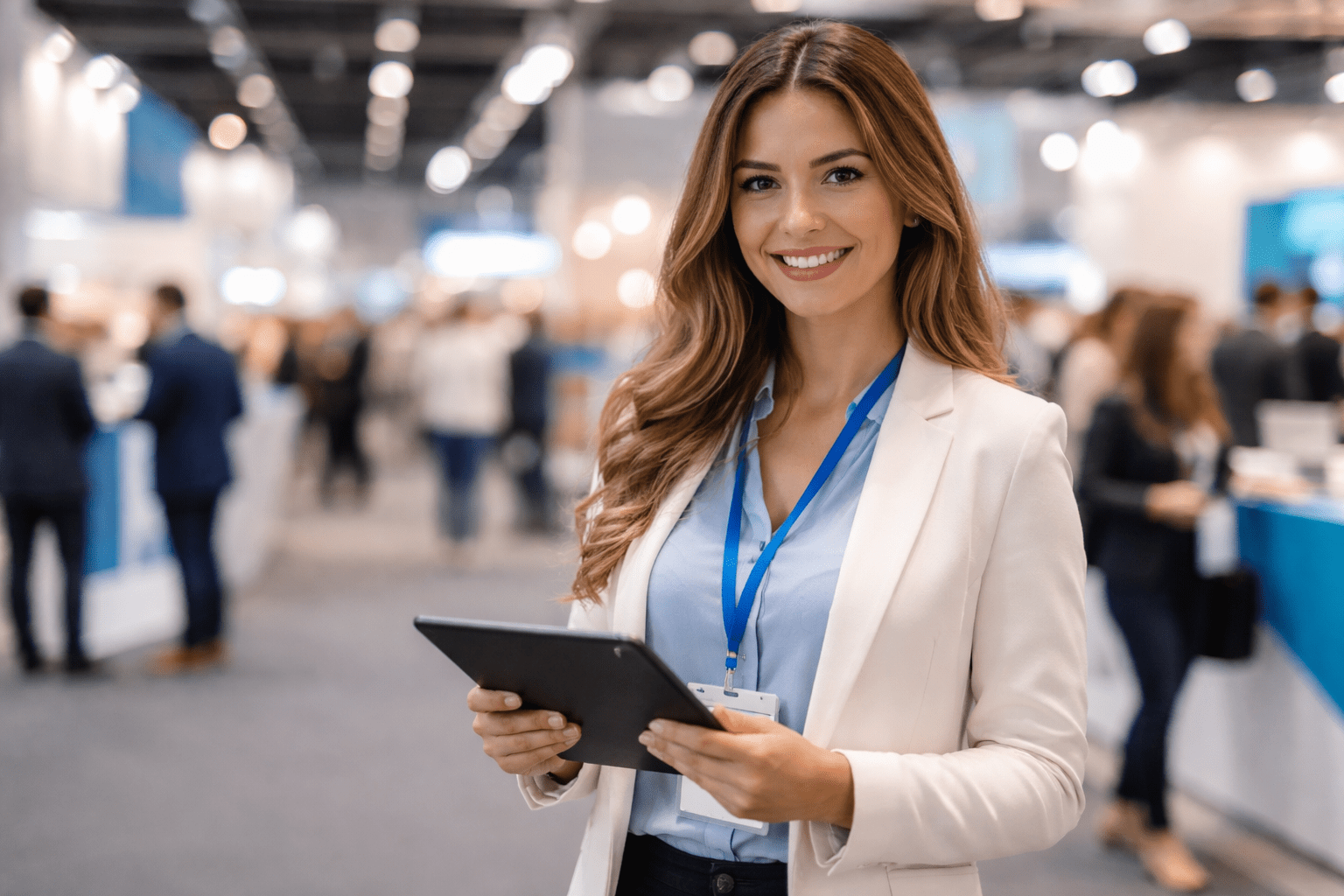 Freundliche Messehostess mit Tablet lächelt in die Kamera, im Hintergrund reges Messegeschehen mit vielen Personen – professionelles Personal auf Messen im Einsatz.