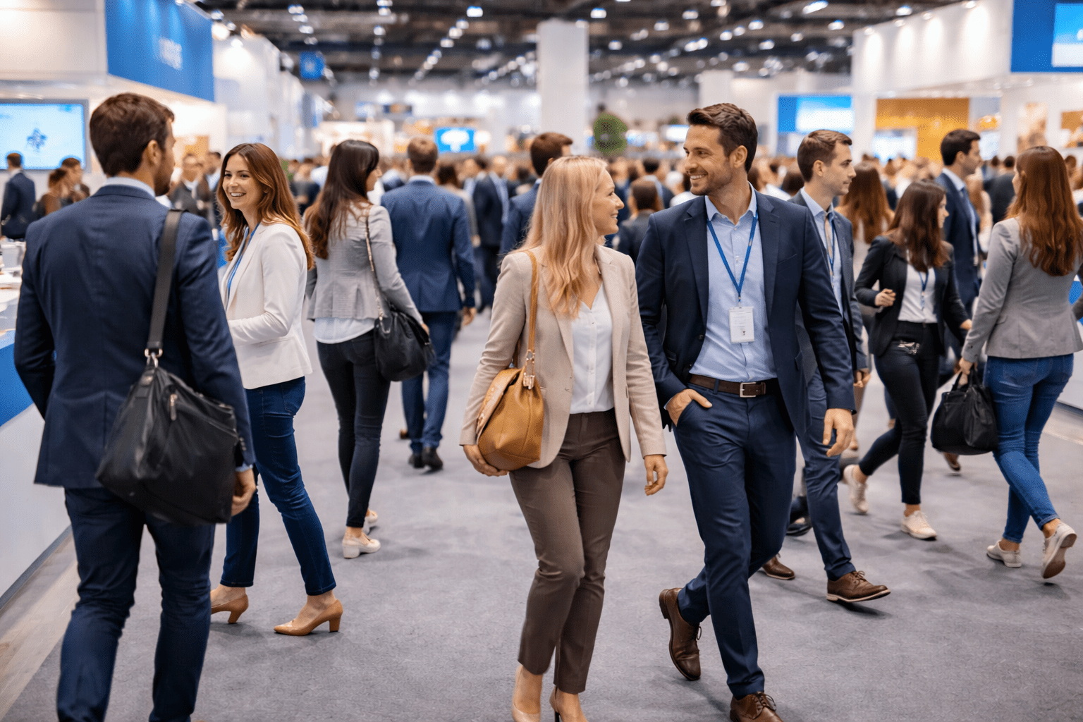 Besucher auf einem geschäftigen Messegelände – Symbol für Messen im Marketing-Mix und Networking.