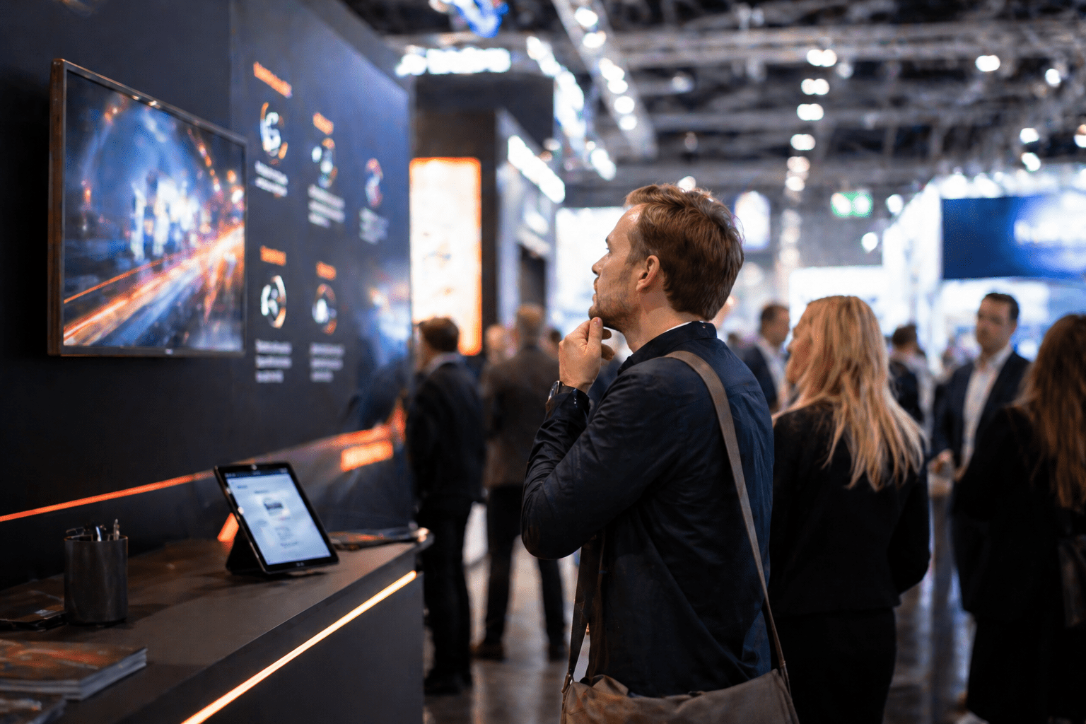 Messebesucher bleibt vor einem Messestand stehen – Symbol für den 7-Sekunden-Moment und erste Aufmerksamkeit auf Messen.