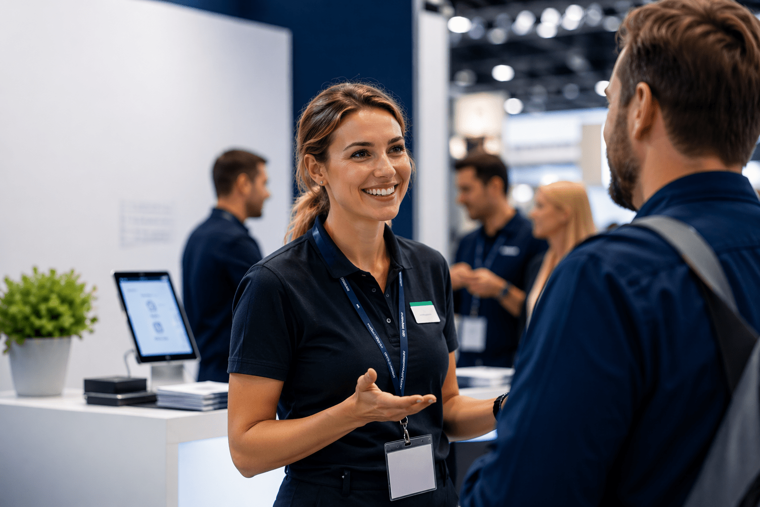 Messebesucher im Gespräch mit einer Messehostess - professionelles Personal auf Messen im Einsatz.