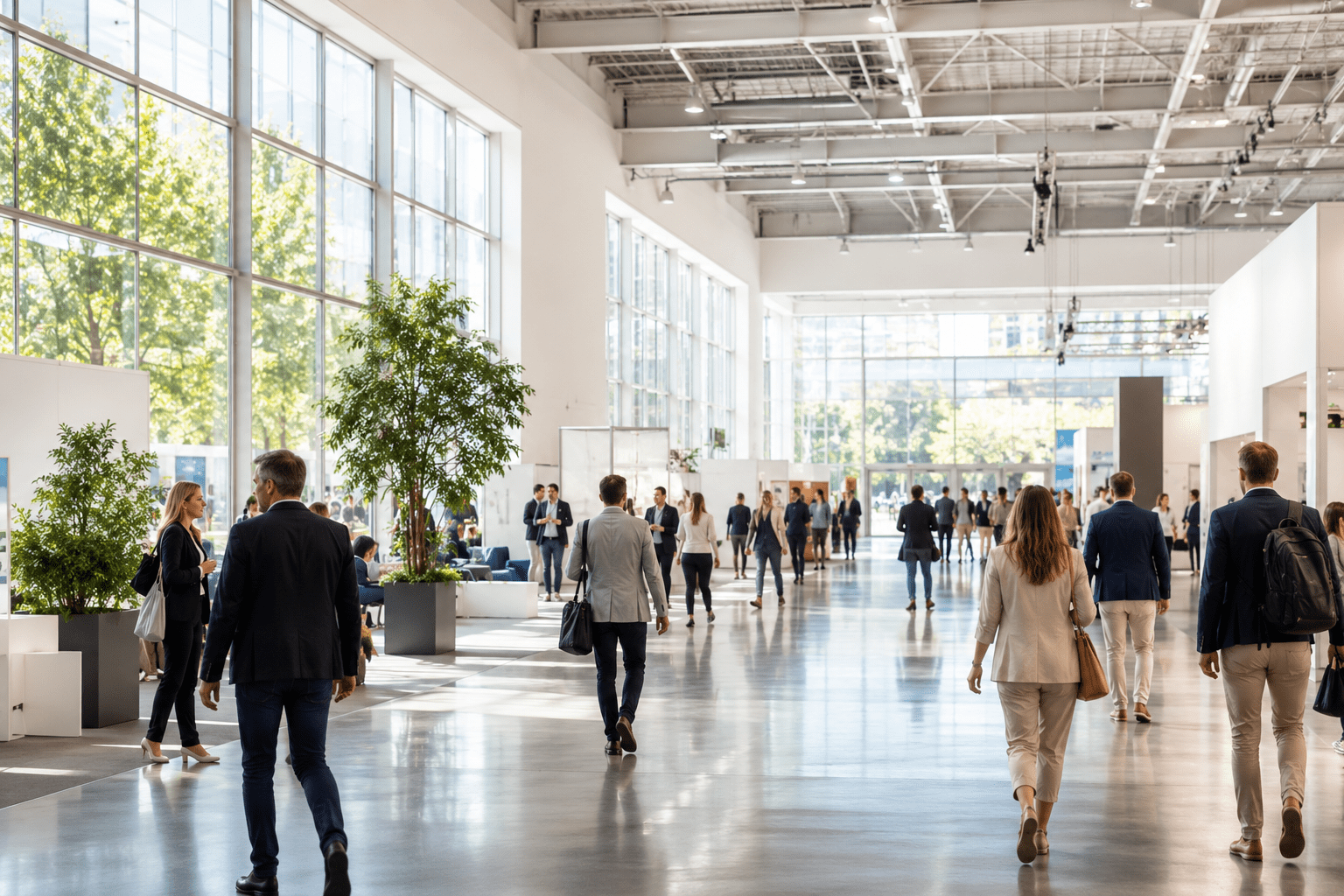 Besucher auf einem geschäftigen Messegelände – Symbol für Messen im Marketing-Mix und Networking.
