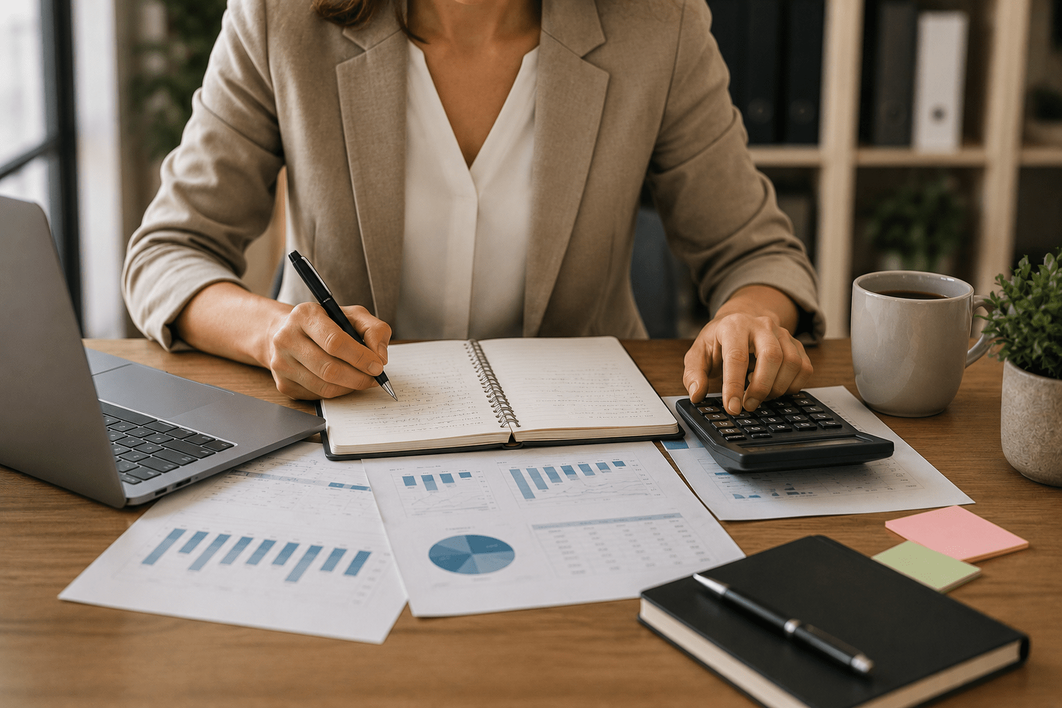Eine Frau analysiert Diagramme und berechnet Umsätze – Symbol für Messenachbereitung mit System.